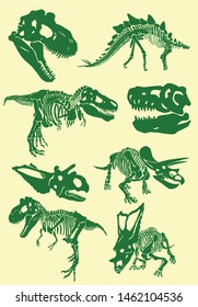 Color set of green dinosaur skeletons ,graphical illustration