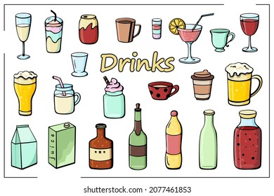 Color set of hand drawn drinks in line style. Vector illustration. Cold drinks, summer cocktails and alcoholic beverages for beach party, bar, restaurant menu.