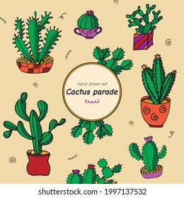 A color set of hand drawn houseplants and floral arrangements for decorative paper, gift cards, textile, covers of notebooks and other painted materials. Vector isolated set.