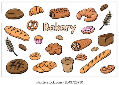 Color set of hand-drawn bread and bakery in line style. Vector illustration. Pretzel, croissant, bagel, baguette, bun, cake, poppy roll, cookie, biscuit, strudel, cupcake, muffin, donut