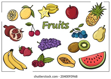 Color set of Hand-drawn fruits and berries in line style. Vector illustration. Kiwi, pear, grape, banana, strawberry, watermelon, cherry, raspberries, pineapple, carambola, papaya, lemon, apple, 