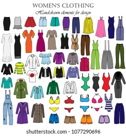 Color set of hand-drawn women's clothing.