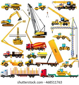 Color set of heavy construction machines icons, on white background. Vector illustration of industrial equipment and machinery. Isolated on white. Flat style