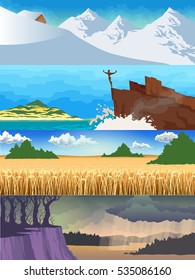 Color set of illustrations of the seasons. Landscapes nature views. Snowy mountains, rocks in the sea, wheat field, rainy autumn landscape.