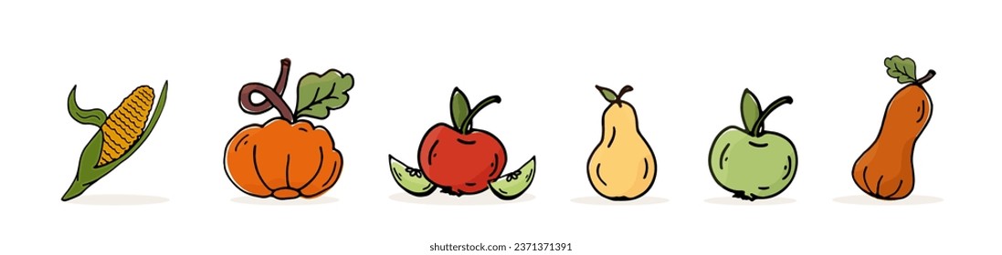 Color set isolated harvest fruits. Icon Corn, pumpkin, apple, pear. Vector drawing autumn vegetables