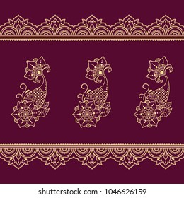 Color set of Mehndi flower pattern and seamless border for Henna drawing and tattoo. Decoration in oriental, Indian style.