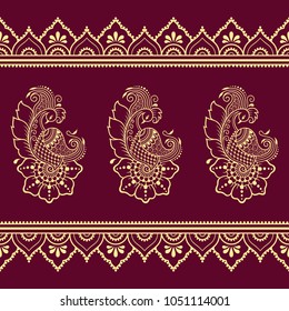 Color set of Mehndi flower pattern and seamless border for Henna drawing and tattoo. Decoration in oriental, Indian style.