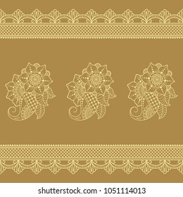 Color set of Mehndi flower pattern and seamless border for Henna drawing and tattoo. Decoration in oriental, Indian style.