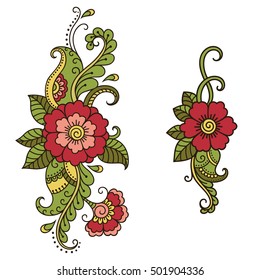 Color set of Mehndi flower pattern for Henna drawing and tattoo. Decoration in ethnic oriental, Indian style.
