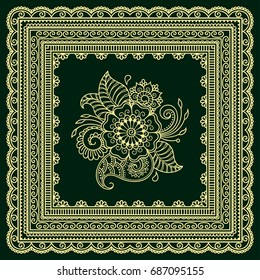 Color Set of Mehndi flower pattern and frame for Henna drawing and tattoo. Decoration in oriental, Indian style.