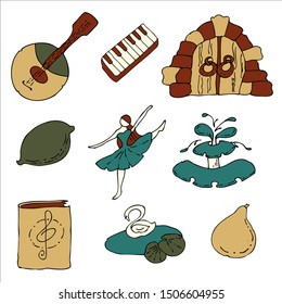 Color set. Musical fantasy. Ballerina, fountain, swan and a magic door. Musical instruments, book and fruits.