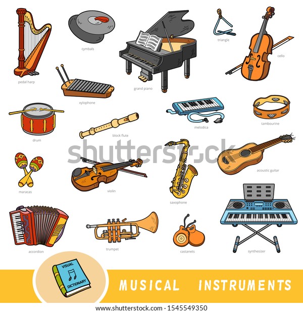 楽器の色セット 英語の名前を持つベクター画像のコレクション 子ども向けの漫画のビジュアル辞書 のベクター画像素材 ロイヤリティフリー