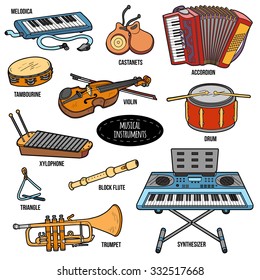 Color Set With Musical Instruments, Vector Cartoon Collection