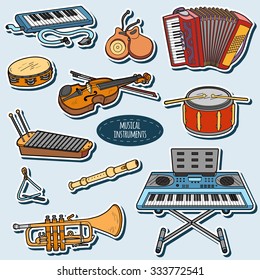 Color set with musical instruments, vector cartoon stickers