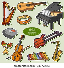 Color set with musical instruments, vector cartoon stickers