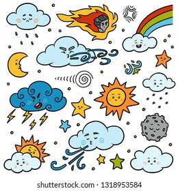 Color set of nature objects. Vector cartoon collection of weather icons - sun, clouds, rainbow, moon