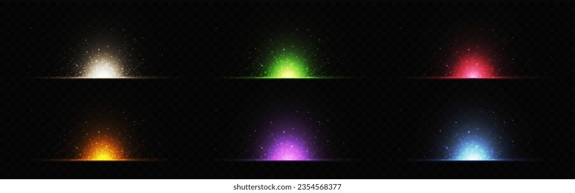 Conjunto de colores de los efectos de flash de neón aislados en el fondo transparente. Ilustración vectorial realista de una explosión brillante con brillantes y partículas alrededor, polvo cósmico, ráfaga de luz estelar