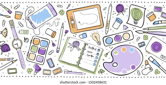 color set objects for the artist on a white background