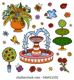 Color set of objects from the royal garden. Vector cartoon fountain, flowers, bushes for a princess