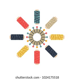 Color set of objects for sewing, handicraft. Sewing thread and pins. Vector flat illustration.