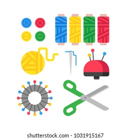 Color set of objects for sewing, handicraft. Tools and sewing kit, sewing equipment, needle, yarn, sewing pin. Vector flat illustration.