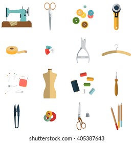 Color set of objects for sewing, handicraft and handmade. Sewing icons. Sewing and handmade vector icons.  Tailor shop. Sewing atelier. Retro and vintage. Minimal cool flat vector illustration.