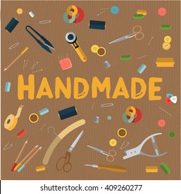 Color set of objects for sewing, handicraft and handmade on wooden table. Retro and vintage. Minimal flat vector illustration.