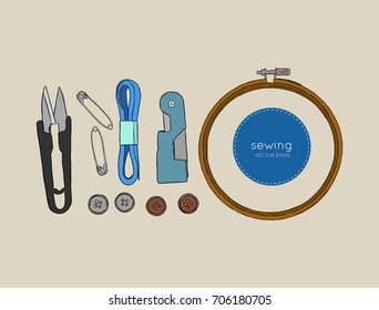 Color set of objects for sewing, handicraft. Sewing tools vector set.