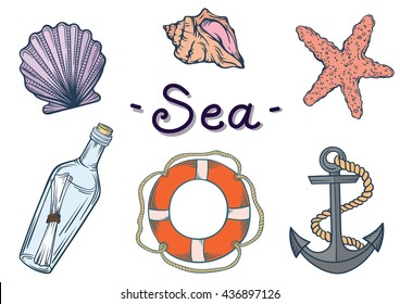 Color set on the marine theme. Set of hand drawn seashells, anchor, lifebuoy and bottles