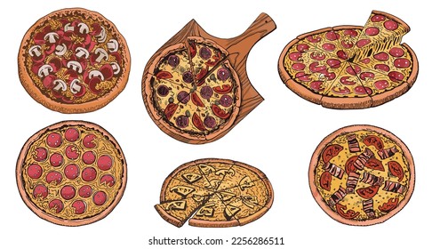 Color set of pizza isolated on white , vector illustration for printing,take away fast food element
