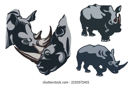 Color  set of rhinoceroses on white isolated, vector illustration,graphical drawing. Stylish print elements, savanna habitant