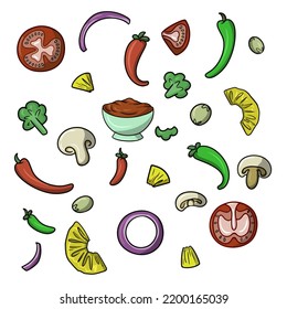 A color set of salad ingredients, pineapple slices, tomatoes and peppers, broccoli and olives, vector illustration in cartoon style on a white background