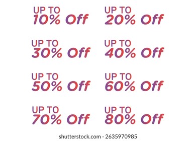A color Set of sale percentage 3d Style numbers, only text and gradient  style and isolated on white background. eps vector illustration discount. 10% 20% 30% 40% 50% 60% 70% 80% sale off tag. 