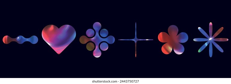 Color set of shapes u2k, star, flower, heart. Liquid aesthetic gradient objects, cosmic galactic collection.