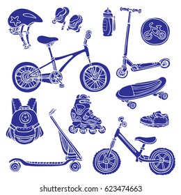 Color set of silhouettes of sporting goods for kids. Vector icons Illustration. Set. Scooter, rollers, skate, bicycle, sneakers, helmet. Summer children's holiday. Place for text. Vector shape 