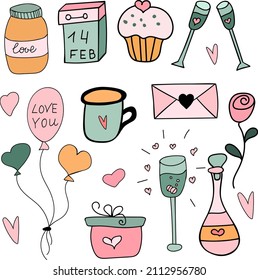 Color set of st valentines doodle illustration. Doodle elements for greeting cards, stickers and posters. Hand drawn doodle illustration. EPS 10.