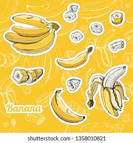 Color set with stickers of yellow bananas and seamless pattern. Whole and sliced elemets. Hand drawn sketch. Vector illustration.
