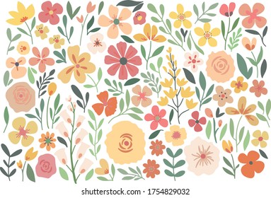 A Color Set Of Stylized Flower Elements Can Be Used As A Pattern Block. Suitable For Fabric And Cover Design Of Notebooks, Albums