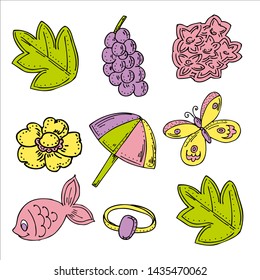 Color set. Summer. Flowers and leaves. Umbrella. Fish and butterfly. Small ring.