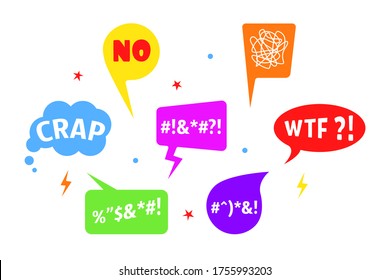 color set of swear speech bubble. drawing stickers bad emotions, disappointment, denial, confused thoughts, indignation. elements for comic book. pop art style. modern signs on white background