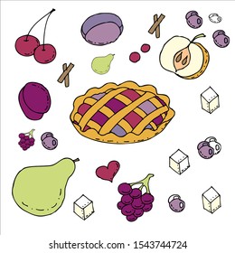 Color set. Sweet fruit tart. Plum, apricot, apple and sugar. Berries and cinnamon. Grapes