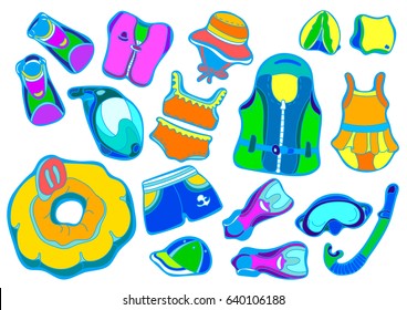 Color set with swimming goods for children on white background . Vector illustration isolated for easy editing. Vest, mask, tube, swimsuit, cap, panama, fins, swimming trunks. Summer kid's holiday