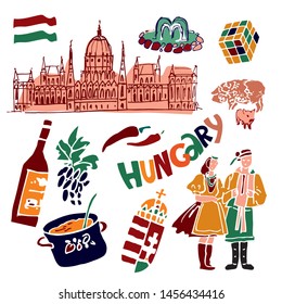 Color Set of symbols of Hungary, wine, pepper, thermal spring, flag for tourist posters t-shirts or Souvenirs painted by hand. Vector cute cartoon illustration