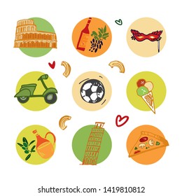 Color Set of symbols of Italy, colosseum, wine, olive oil, mask, ice cream for tourist posters t-shirts or Souvenirs painted by hand. Vector illustration