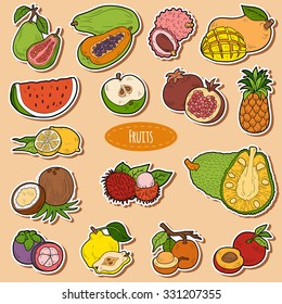 Color set with tropical fruits, vector cartoon stickers