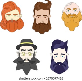 Color set of vector icons with bearded men. Flat color illustration. Five men with different hairstyles, beards and mustaches.