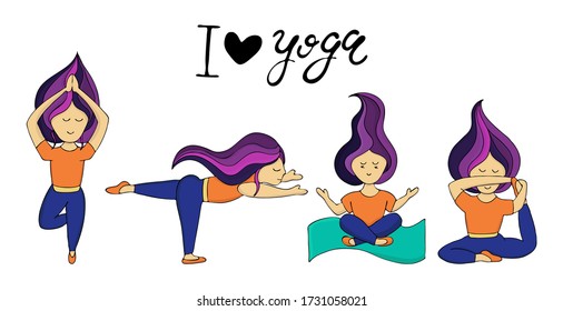 conjunto de colores de ilustraciones vectoriales, libro de colorear doodle, poses de yoga, asanas, niñas en formación, saludable, estilo de vida, deporte
