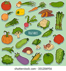 Color set with vegetables, vector cartoon stickers