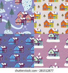 color set of xmas winter patterns  with houses