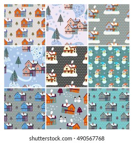 color set of xmas winter patterns  with houses
